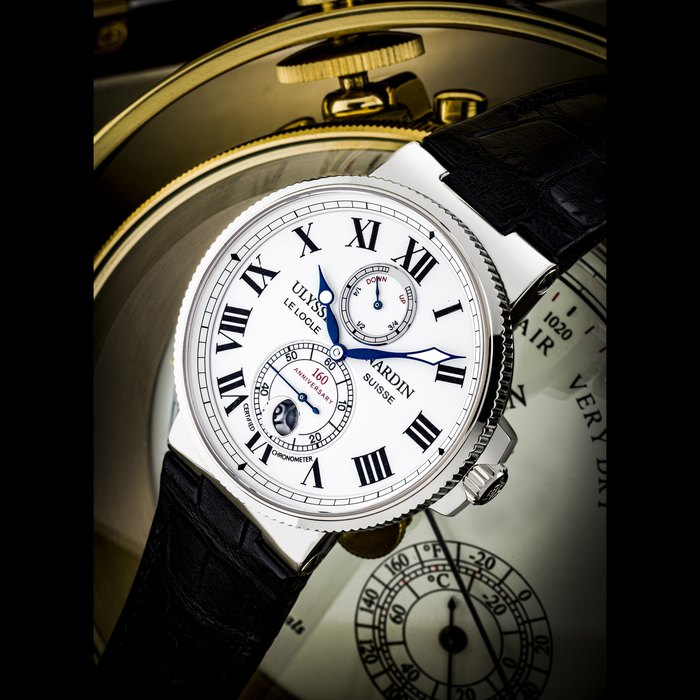 ULYSSE NARDIN. A RARE PLATINUM LIMITED EDITION AUTOMATIC WRISTWATCH WITH DATE, POWER RESERVE AND ENAMEL DIAL, MADE TO CELEBRATE THE 160TH ANNIVERSARY OF ULYSSE NARDIN MARINE CHRONOMETER 160 ANNIVERSARY MODEL, REF. 269-65, NO. 008, CIRCA 2006