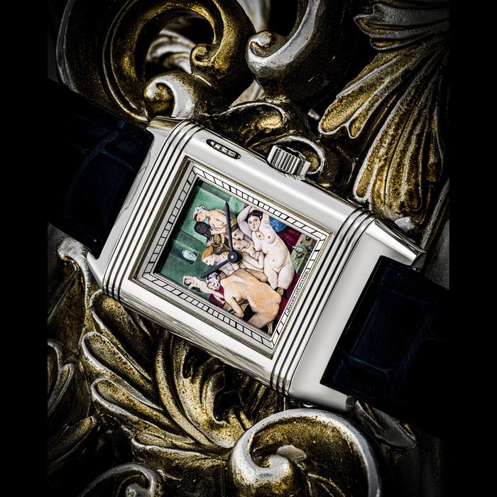 Jaeger-Lecoultre JAEGER-LECOULTRE. A MAGNIFICENT AND EXTREMELY RARE PLATINUM REVERSIBLE WRISTWATCH WITH ENAMEL DIAL DEPICTING THE TURKISH BATH BY JEAN AUGUSTE-DOMINIQUE INGRES REVERSO A ECLIPSES ‘FAMOUS NUDES’ MODEL, REF. 246.6.79