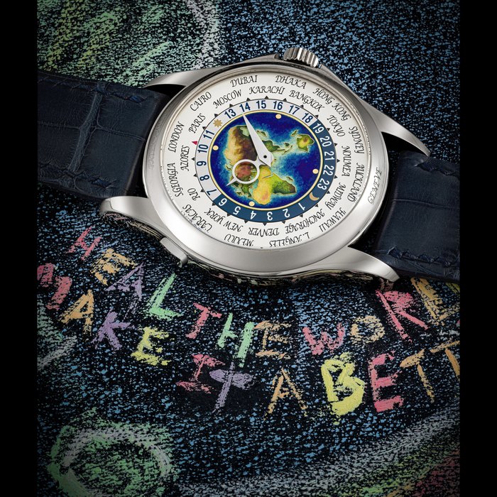 PATEK PHILIPPE. A RARE AND ATTRACTIVE 18K WHITE GOLD AUTOMATIC WORLD TIME WRISTWATCH WITH CLOISONNÉ ENAMEL DIAL REF. 5131G, CIRCA 2011