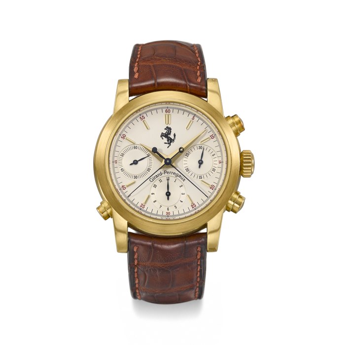GIRARD-PERREGAUX. A RARE 18K GOLD LIMITED EDITION AUTOMATIC SPLIT SECONDS CHRONOGRAPH WRISTWATCH WITH GUARANTEE AND BOX, MADE FOR FERRARI SIGNED GIRARD-PERREGAUX, SPLIT SECONDS FERRARI MODEL, REF. 9015, NO. 356, CIRCA 1993