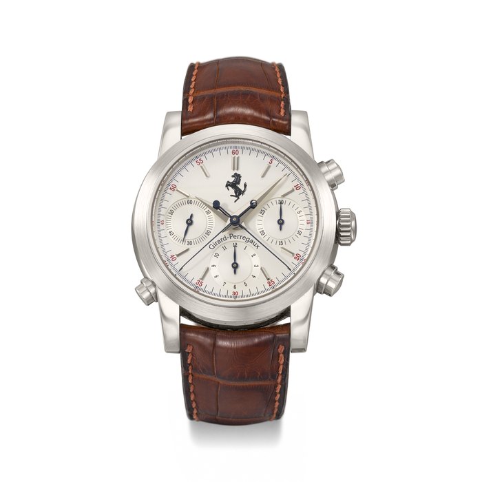 GIRARD-PERREGAUX. A VERY RARE PLATINUM PROTOTYPE AUTOMATIC SPLIT SECONDS CHRONOGRAPH WRISTWATCH WITH CERTIFICATE AND BOX, MADE FOR THE PRESENT OWNER SIGNED GIRARD-PERREGAUX, SPLIT SECONDS FERRARI MODEL, PROTOTYPE, REF. 9015, CIRCA 1994