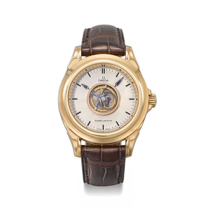 Omega OMEGA. A RARE AND UNUSUAL 18K PINK GOLD AUTOMATIC WRISTWATCH WITH ONE-MINUTE CENTRAL FLYING TOURBILLON, GUARANTEE AND BOX SIGNED OMEGA, DE VILLE CENTRAL TOURBILLON 2002 MODEL, NO. 4, CIRCA 2003
