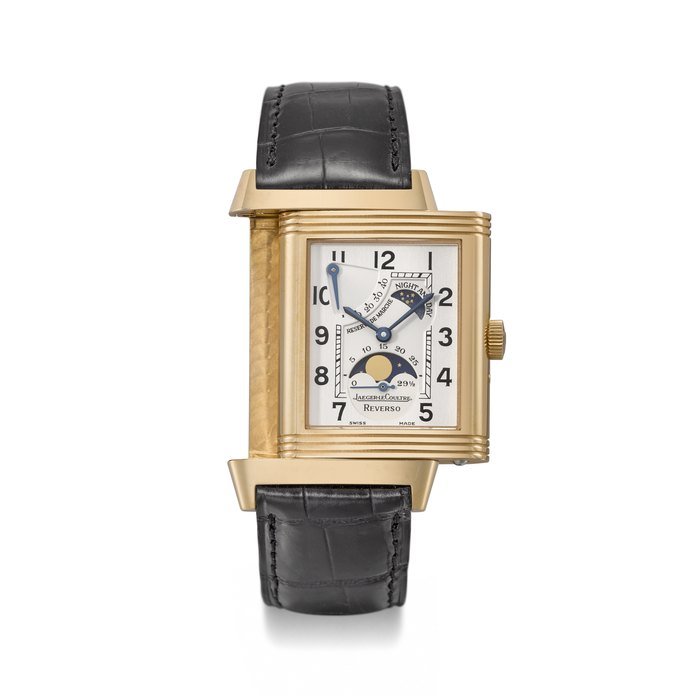 Jaeger-Lecoultre JAEGER-LECOULTRE. AN ATTRACTIVE AND ELEGANT 18K PINK GOLD REVERSO WRISTWATCH WITH MOON PHASES, DAY/NIGHT, POWER RESERVE INDICATION, GUARANTEE AND BOX SIGNED JAEGER-LECOULTRE, REVERSO SUN/MOON MODEL, REF. 270.2.263, CIRCA 2001