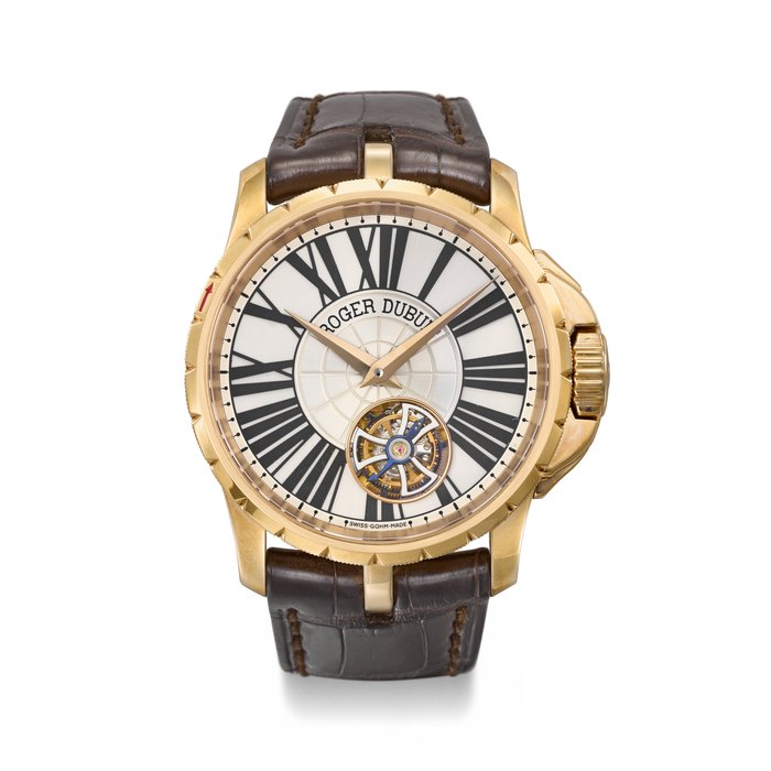 ROGER DUBUIS. AN EXTREMELY RARE AND LARGE 18K PINK GOLD PROTOTYPE MINUTE REPEATING TOURBILLON WRISTWATCH WITH BOX SIGNED ROGER DUBUIS, EXCALIBUR MINUTE REPEATER TOURBILLON MODEL, REF. RDDBEX0072, PROTOTYPE, CIRCA 2005