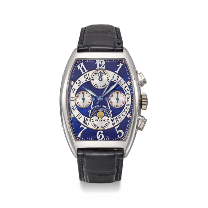 Franck Muller FRANCK MULLER. A VERY RARE PLATINUM PROTOTYPE TONNEAU-SHAPED AUTOMATIC DOUBLE RETROGRADE PERPETUAL CALENDAR CHRONOGRAPH WRISTWATCH WITH MOON PHASES, LEAP YEAR INDICATION, GUARANTEE AND BOX SIGNED FRANCK MULLER, PERPETUAL BIRETRO MODEL, PROTOTYPE, NO. 0, CIRCA 2000, Price & Market Data