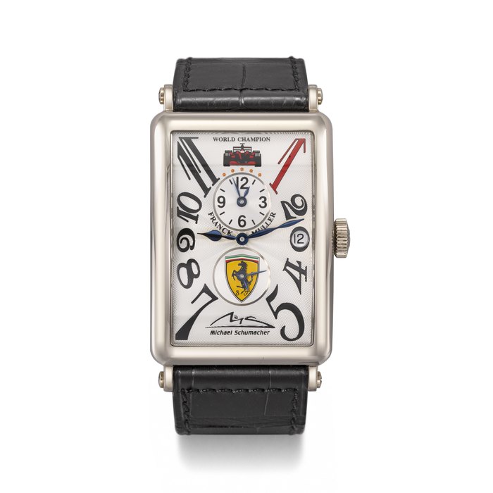 FRANCK MULLER. A UNIQUE AND IMPORTANT 18K WHITE GOLD THREE TIME ZONE AUTOMATIC WRISTWATCH WITH DATE, GUARANTEE AND BOX, MADE TO CELEBRATE MICHAEL SCHUMACHER’S 2002 WORLD CHAMPIONSHIP SIGNED FRANCK MULLER, MASTER BANKER LONG ISLAND MODEL, REF. 1200 MB, CIRCA 2002