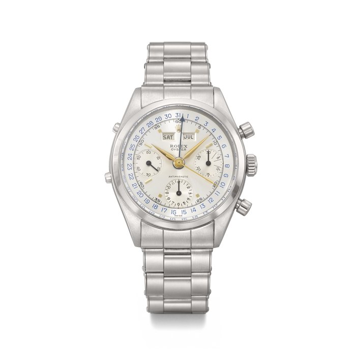 ROLEX. A RARE STAINLESS STEEL TRIPLE CALENDAR CHRONOGRAPH WRISTWATCH WITH BRACELET SIGNED ROLEX, DATO COMPAX ‘JEAN-CLAUDE KILLY’ MODEL, REF. 6236, CASE NO. 384'188, CIRCA 1958