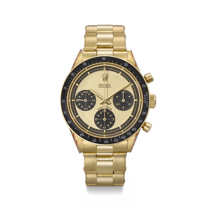 ROLEX. AN EXCEPTIONAL AND EXTREMELY RARE 18K GOLD CHRONOGRAPH WRISTWATCH WITH CHAMPAGNE PAUL NEWMAN DIAL AND BRACELET SIGNED ROLEX, DAYTONA MODEL, REF. 6241, CASE NO. 1'757'900, CIRCA 1968