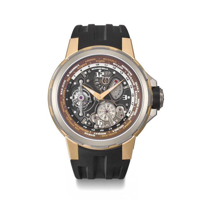 Richard Mille RICHARD MILLE. AN EXTREMELY RARE AND LARGE 18K PINK GOLD AND TITANIUM WORLD TIME TOURBILLON WRISTWATCH WITH DAY/NIGHT, 10-DAY POWER RESERVE INDICATION AND GUARANTEE SIGNED RICHARD MILLE, JEAN TODT WORLD TIME TOURBILLON MODEL, REF. RM58-01 AN RG, NO. 14/35, CIRCA 2019, Price & Market Data