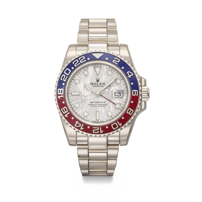 ROLEX. A RARE AND HIGHLY ATTRACTIVE 18K WHITE GOLD AUTOMATIC DUAL TIME WRISTWATCH WITH SWEEP CENTRE SECONDS, DATE, METEORITE DIAL AND BRACELET SIGNED ROLEX, GMT-MASTER II MODEL, REF. 126719BLRO, CIRCA 2021