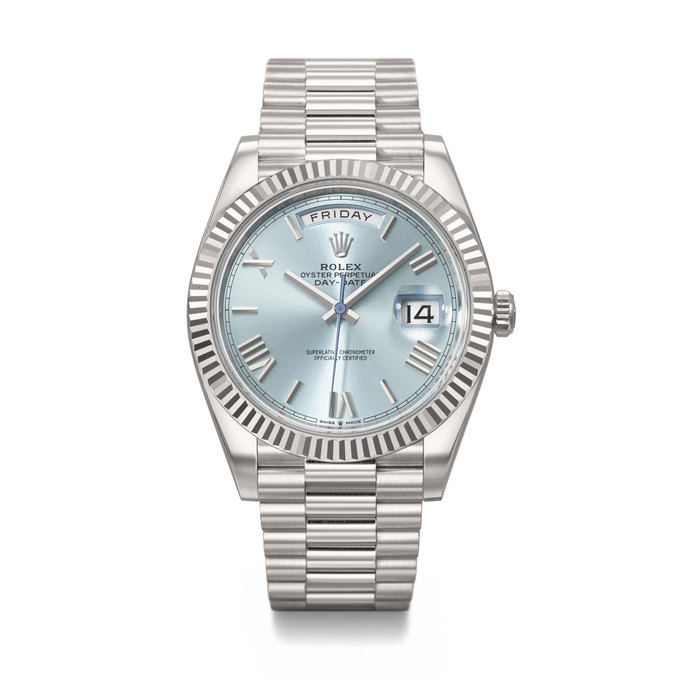 ROLEX. A RARE AND HEAVY PLATINUM AND AUTOMATIC WRISTWATCH WITH SWEEP CENTRE SECONDS, DAY, DATE AND BRACELET SIGNED ROLEX, DAY-DATE MODEL, REF. 228236, CIRCA 2022