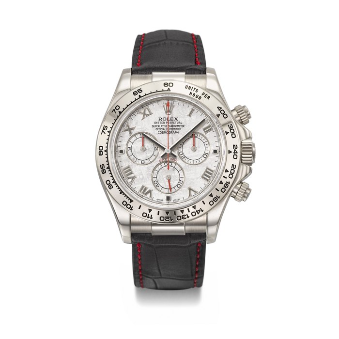 ROLEX. A VERY RARE 18K WHITE GOLD AUTOMATIC CHRONOGRAPH WRISTWATCH WITH METEORITE DIAL SIGNED ROLEX, DAYTONA MODEL, REF. 116519, CASE NO. M182938, CIRCA 2008