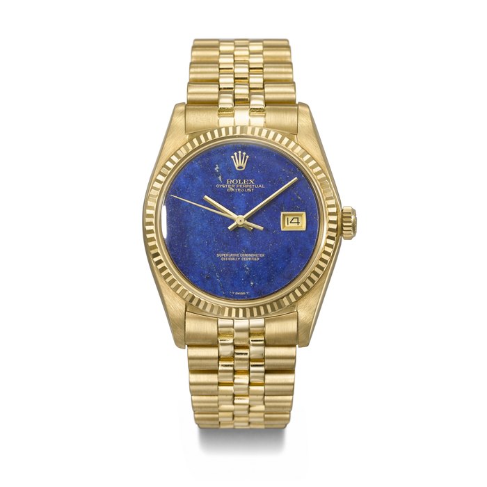 ROLEX. A RARE AND ATTRACTIVE 18K GOLD AUTOMATIC WRISTWATCH WITH SWEEP CENTRE SECONDS, DATE, LAPIS LAZULI DIAL AND BRACELET SIGNED ROLEX, DATEJUST MODEL, REF. 1601, CASE NO. 5'216'460, CIRCA 1978