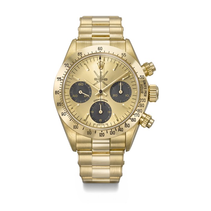 ROLEX. AN EXCESSIVELY RARE AND HIGHLY IMPORTANT 18K GOLD CHRONOGRAPH WRISTWATCH WITH BRACELET, MADE FOR THE SULTANATE OF OMAN SIGNED ROLEX, DAYTONA MODEL, RETAILED BY ASPREY, REF. 6265, CASE NO. 5'060'040, CIRCA 1978