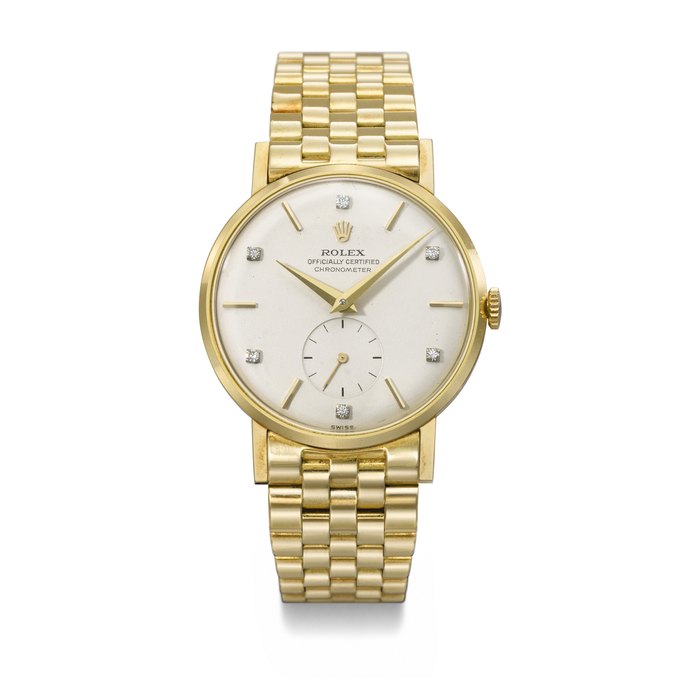 ROLEX. AN ELEGANT 18K GOLD AND DIAMOND-SET WRISTWATCH WITH BRACELET SIGNED ROLEX, REF. 9708, CASE NO. 962'608, CIRCA 1953