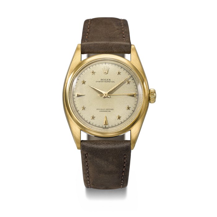 ROLEX. AN EXCEEDINGLY RARE AND HIGHLY ATTRACTIVE 18K GOLD AUTOMATIC WRISTWATCH WITH SWEEP CENTRE SECONDS AND LUMINOUS HONEYCOMB STAR DIAL SIGNED ROLEX, OYSTER PERPETUAL, OFFICIALLY CERTIFIED CHRONOMETER, REF. 6098, CASE NO. 919’039, CIRCA 1953