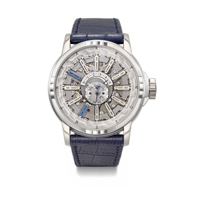 HARRY WINSTON & EMMANUEL BOUCHET. A VERY RARE 18K WHITE GOLD LIMITED EDITION SEMI-SKELETONISED WRISTWATCH WITH FLIP-HOUR, FLIP FIVE-MINUTE INDEXES AND RETROGRADE MINUTES SIGNED HARRY WINSTON & EMMANUEL BOUCHET, OPUS 12 MODEL, NO. 032/120, CIRCA 2013