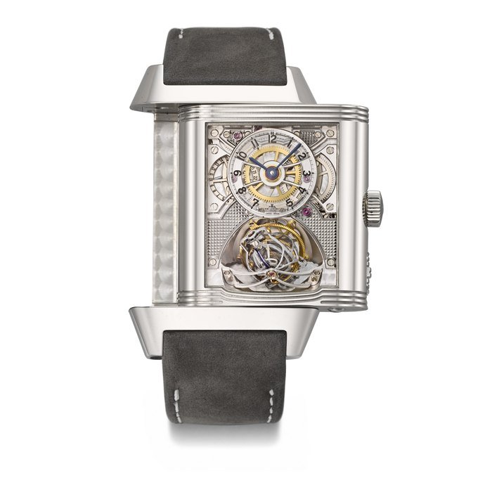 Jaeger-Lecoultre JAEGER-LECOULTRE. A VERY RARE AND IMPRESSIVE PLATINUM LIMITED EDITION SEMI-SKELETONIZED SPHERICAL TOURBILLON WRISTWATCH WITH 24 HOUR DISPLAY AND POWER RESERVE SIGNED JAEGER-LECOULTRE, REVERSO GYROTOURBILLON 2 MODEL, NO. 34/75, CIRCA 2008