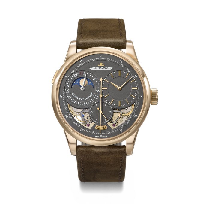 Jaeger-Lecoultre JAEGER-LECOULTRE. A VERY RARE AND ATTRACTIVE 18K PINK GOLD SEMI-SKELETONIZED WRISTWATCH WITH SWEEP CENTRE SECONDS, DATE, MOON PHASES, DUAL POWER RESERVE AND JUMPING SECONDS SIGNED JAEGER-LECOULTRE, DUOMETRE A QUANTIEME LUNAIRE MODEL, REF. Q604244J, CASE NO. 3'203'359, CIRCA 2018