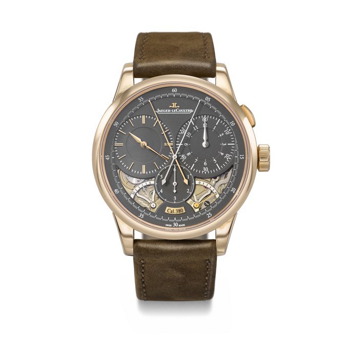 Jaeger-Lecoultre JAEGER-LECOULTRE. A VERY RARE AND ATTRACTIVE 18K PINK GOLD SEMI-SKELETONIZED SINGLE BUTTON CHRONOGRAPH WRISTWATCH WITH DUAL POWER RESERVE DISPLAY AND JUMPING SECONDS SIGNED JAEGER-LECOULTRE, DUOMETRE A CHRONOGRAPH MODEL, REF. Q601244J, CASE NO. 2'900'670, CIRCA 2018