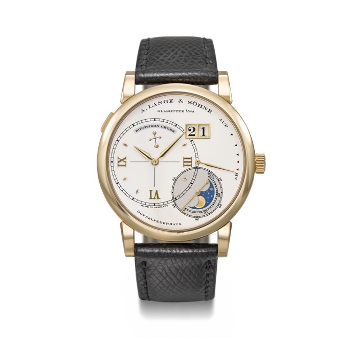 A. LANGE & SÖHNE. A VERY RARE AND HIGHLY ATTRACTIVE 18K PINK GOLD LIMITED EDITION WRISTWATCH WITH DATE, POWER RESERVE AND MOON PHASES SIGNED A. LANGE & SÖHNE, GRAND LANGE 1 LUNA MUNDI MODEL, REF. 119.032, NO. 75/101, CIRCA 2003