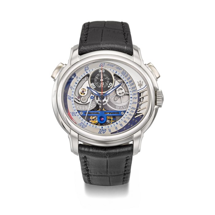 AUDEMARS PIGUET. A UNIQUE PLATINUM OVAL SEMI-SKELETONISED TOURBILLON CHRONOGRAPH WRISTWATCH WITH 10 DAY POWER RESERVE SIGNED AUDEMARS PIGUET, MASERATI MILLENARY TOURBILLON MODEL, REF. 26069PT, NO. 55, CIRCA 2007