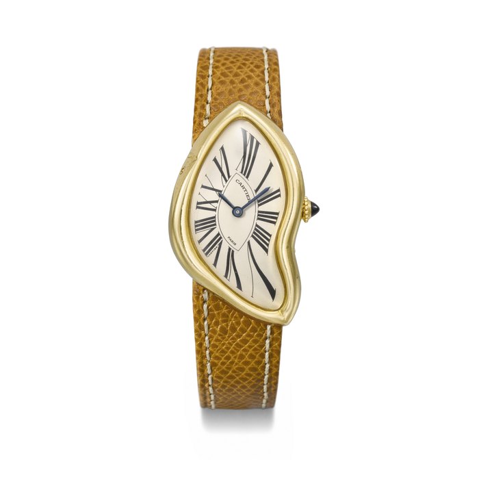 Cartier CARTIER. A VERY RARE AND UNUSUAL 18K GOLD LIMITED EDITION ASYMMETRICAL WRISTWATCH WITH ‘ CRASH ’ DEPLOYANT CLASP SIGNED CARTIER, PARIS, 'CRASH' MODEL, CASE NO. A108396, NO. 100/400, CIRCA 1991, Price & Market Data