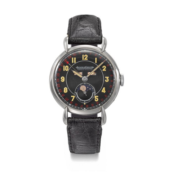 Jaeger-Lecoultre JAEGER-LECOULTRE. A RARE AND ATTRACTIVE STAINLESS STEEL TRIPLE CALENDAR WRISTWATCH WITH MOON PHASES AND BLACK DIAL SIGNED JAEGER-LECOULTRE, CASE NO. 613'745, CIRCA 1950