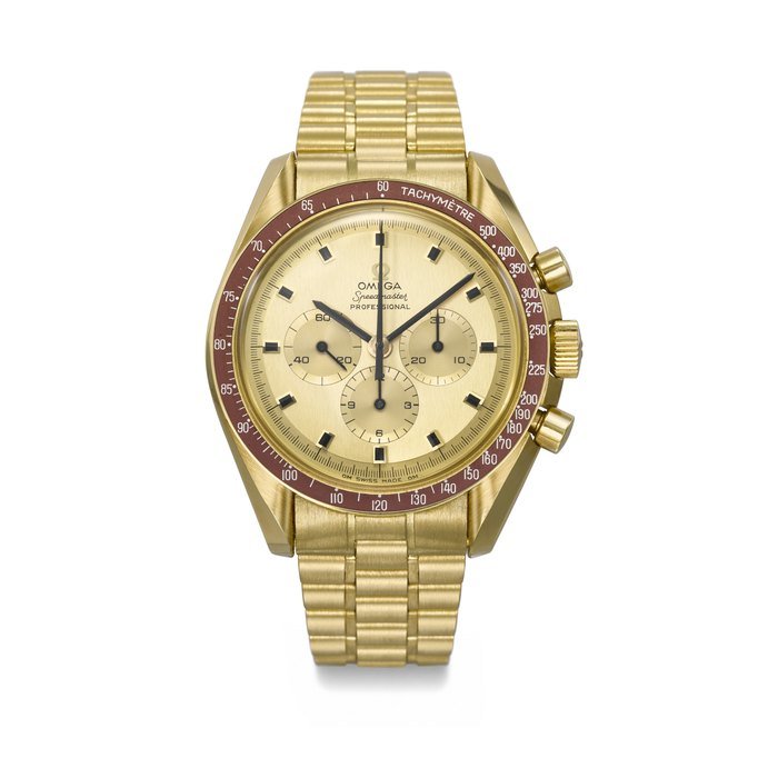 Omega OMEGA. A VERY RARE 18K GOLD LIMITED EDITION AUTOMATIC CHRONOGRAPH WRISTWATCH WITH BRACELET, MADE TO COMMEMORATE APOLLO XI MOON LANDING SIGNED OMEGA, SPEEDMASTER PROFESSIONAL MODEL, APOLLO XI 1969, NO. 576, CIRCA 1970