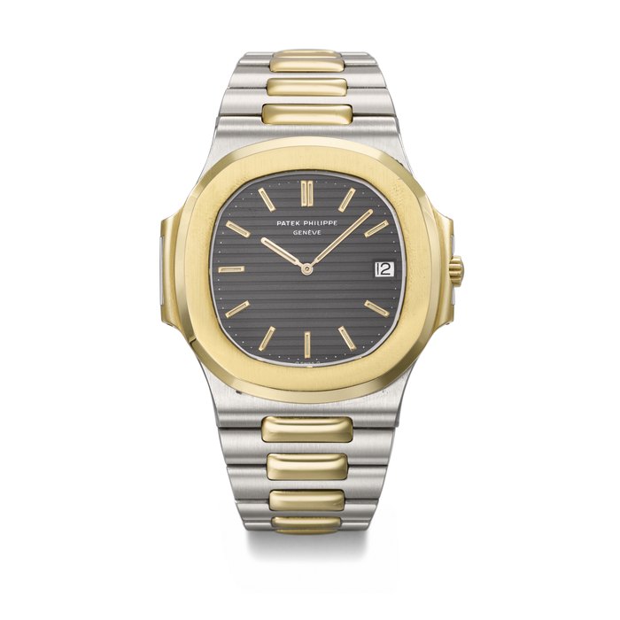 PATEK PHILIPPE. A VERY RARE 18K GOLD AND STAINLESS STEEL AUTOMATIC WRISTWATCH WITH DATE AND BRACELET SIGNED PATEK PHILIPPE, GENEVE, NAUTILUS MODEL, REF. 3700/11AJ, MOVEMENT NO. 1'310'758, CASE NO. 2'808'770, MANUFACTURED IN 1982