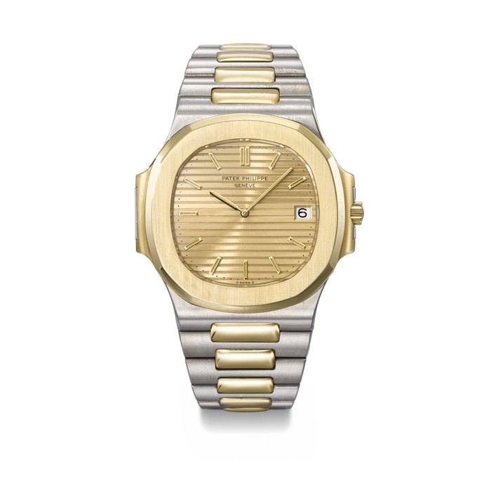 PATEK PHILIPPE. A VERY RARE AND ELEGANT 18K GOLD AND STAINLESS STEEL AUTOMATIC WRISTWATCH WITH DATE AND BRACELET SIGNED PATEK PHILIPPE, GENEVE, NAUTILUS MODEL, REF. 3700/11AJ, MOVEMENT NO. 1'310'721 , CASE NO. 2'808'836, MANUFACTURED IN 1982