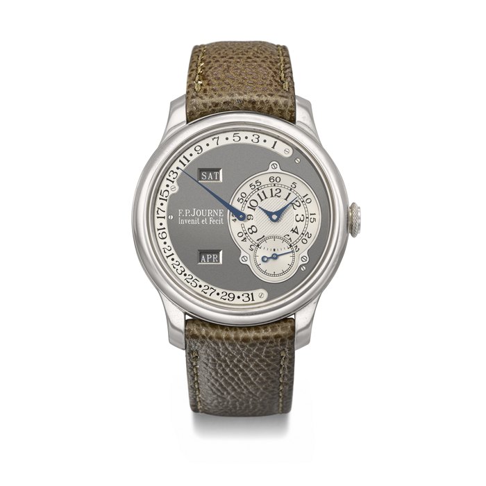 F.P F.P. JOURNE. A VERY RARE AND EXCLUSIVE PLATINUM LIMITED EDITION AUTOMATIC ANNUAL CALENDAR WRISTWATCH WITH RETROGRADE DATE, RUTHENIUM DIAL AND MOVEMENT SIGNED F.P. JOURNE, OCTA CALENDRIER RUTHENIUM MODEL, NO. 6/99, CIRCA 2004, Price & Market Data