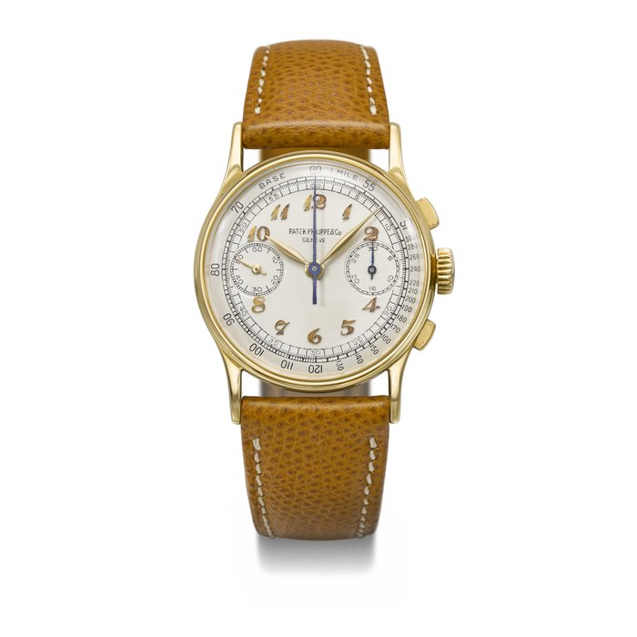 PATEK PHILIPPE. A RARE AND ATTRACTIVE 18K GOLD CHRONOGRAPH WRISTWATCH WITH BREGUET NUMERALS SIGNED PATEK PHILIPPE & CO., REF. 130, MOVEMENT NO. 863'935, CASE NO. 646'779, MANUFACTURED IN 1946