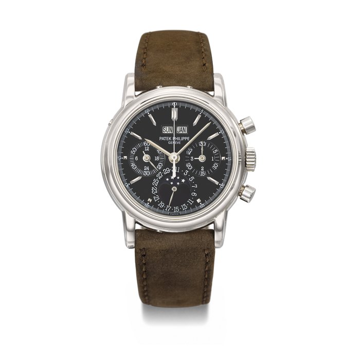 PATEK PHILIPPE. A RARE AND ELEGANT PLATINUM PERPETUAL CALENDAR CHRONOGRAPH WRISTWATCH WITH MOON PHASES, 24 HOUR INDICATION AND LEAP YEAR INDICATION SIGNED PATEK PHILIPPE, GENEVE, REF. 3970EP, MOVEMENT NO. 3'046'051, CASE NO. 4'072'882, MANUFACTURED IN 1999