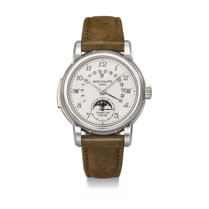 PATEK PHILIPPE. A RARE AND HIGHLY IMPORTANT PLATINUM MINUTE REPEATING PERPETUAL CALENDAR WRISTWATCH WITH TOURBILLON, RETROGRADE DATE, MOON PHASES, LEAP YEAR INDICATION AND BREGUET NUMERALS SIGNED PATEK PHILIPPE, GENEVE, REF. 5016P-010, MOVEMENT NO. 1'905'150, CASE NO. 4'446'371, CIRCA 2009