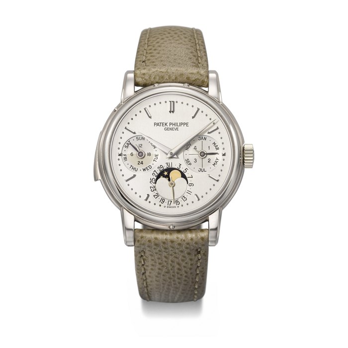 PATEK PHILIPPE. A HIGHLY IMPORTANT, EXTREMELY RARE AND SUPERBLY PRESERVED 18K WHITE GOLD AUTOMATIC PERPETUAL CALENDAR MINUTE REPEATING WRISTWATCH WITH MOON PHASES, 24-HOUR AND LEAP YEAR INDICATION SIGNED PATEK PHILIPPE, GENEVE, REF. 3974G, MOVEMENT NO. 1’906’050, CASE NO. 2’915’321, CIRCA 1991