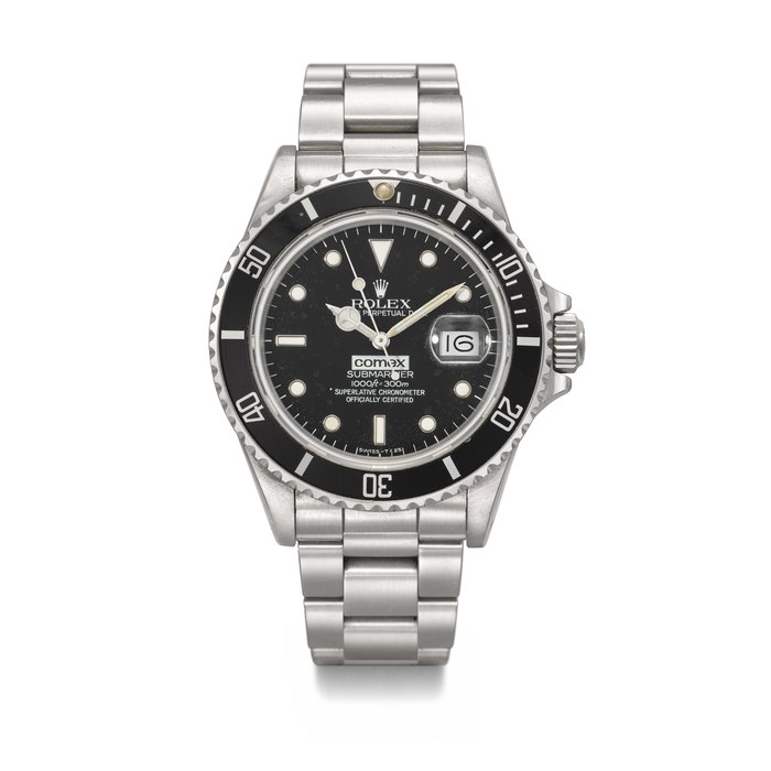 ROLEX. A VERY RARE STAINLESS STEEL AUTOMATIC WRISTWATCH WITH SWEEP CENTRE SECONDS, DATE AND BRACELET, MADE FOR COMEX SIGNED ROLEX, SUBMARINER 'COMEX' MODEL, REF. 168000, CASE NO. R381574, COMEX ISSUE NO. 6269, CIRCA 1988