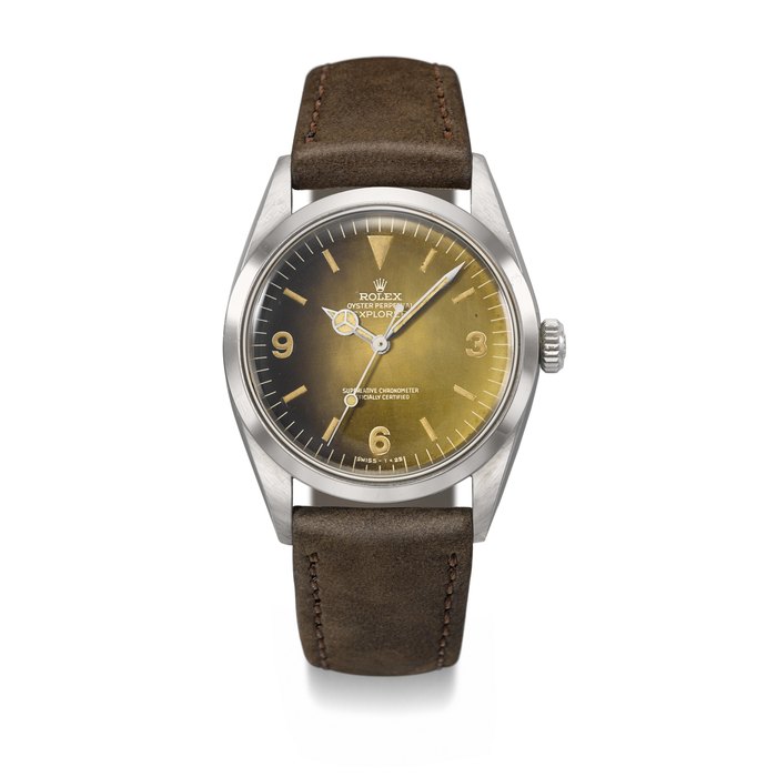 ROLEX. A RARE AND HIGHLY ATTRACTIVE STAINLESS STEEL AUTOMATIC WRISTWATCH WITH SWEEP CENTRE SECONDS AND TROPICAL GILT DIAL SIGNED ROLEX, EXPLORER MODEL, REF. 1016, CASE NO. 1'157'054, CIRCA 1965