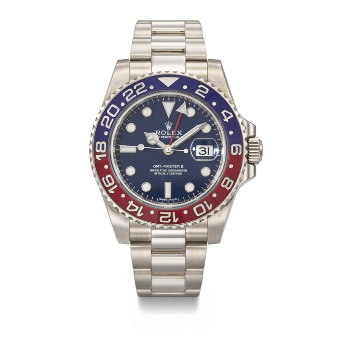 ROLEX. A RARE AND HEAVY 18K WHITE GOLD AUTOMATIC DUAL TIME WRISTWATCH WITH SWEEP CENTRE SECONDS, DATE AND BRACELET SIGNED ROLEX, GMT-MASTER II MODEL, REF. 116719BLRO, CASE NO. 5443P1R6, CIRCA 2016