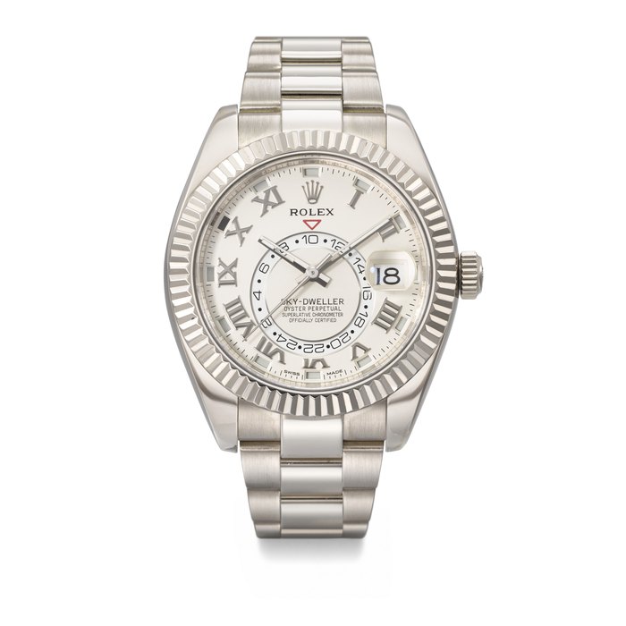 ROLEX. AN 18K WHITE GOLD AUTOMATIC ANNUAL CALENDAR WRISTWATCH WITH DUAL TIME, SWEEP CENTRE SECONDS AND BRACELET SIGNED ROLEX, SKY-DWELLER MODEL, REF. 326939, CASE NO. 2N314119, CIRCA 2013