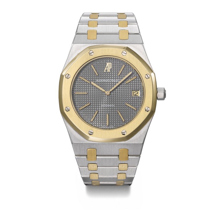 AUDEMARS PIGUET. A HIGHLY COLLECTABLE AND IMPORTANT STAINLESS STEEL AND 18K GOLD AUTOMATIC WRISTWATCH WITH DATE AND BRACELET SIGNED AUDEMARS PIGUET, ROYAL OAK MODEL, REF. 5402SA, NO. 1, CIRCA 1977