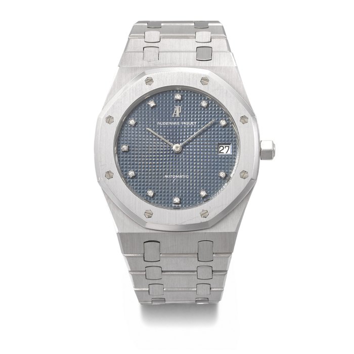 AUDEMARS PIGUET . A REMARKABLE AND ATTRACTIVE 18K WHITE GOLD AND DIAMOND-SET AUTOMATIC WRISTWATCH WITH DATE AND BRACELET SIGNED AUDEMARS PIGUET, ROYAL OAK MODEL, REF. 5402BC, NO. 44, CIRCA 1979