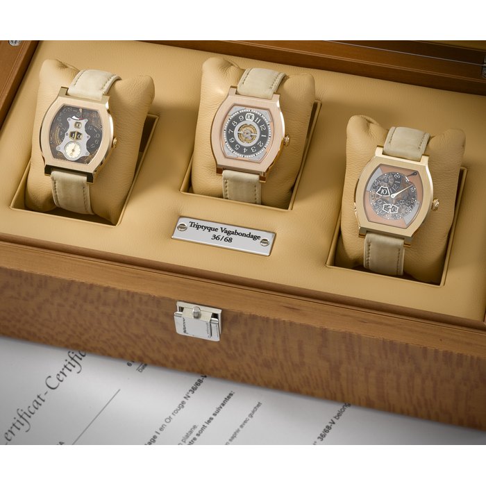 F.P. JOURNE. A MAGNIFICENT AND EXCEPTIONALLY RARE SET OF THREE 18K PINK GOLD LIMITED EDITION JUMP HOUR TONNEAU-SHAPED WRISTWATCHES, MATCHING CASE NUMBERS AND TRIPLE FITTED NUMBERED BOX SIGNED F.P. JOURNE, TRIPTYQUE VAGABONDAGE SET, NO. 36/68, CIRCA 2006, 2010 & 2017