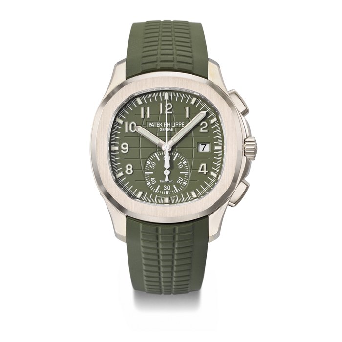 PATEK PHILIPPE. AN EXTREMELY RARE AND ATTRACTIVE 18K WHITE GOLD AUTOMATIC FLYBACK CHRONOGRAPH WRISTWATCH WITH DATE SIGNED PATEK PHILIPPE, GENEVE, RETAILED BY TIFFANY & CO., AQUANAUT MODEL, REF. 5968G-010, MOVEMENT NO. 7'376'540, CASE NO. 6'417'405, CIRCA 2021