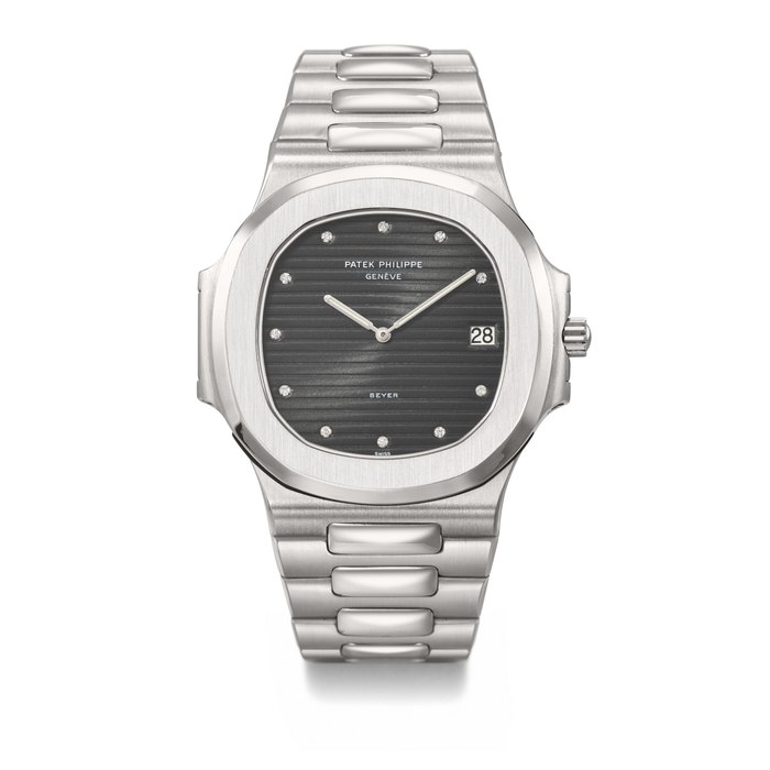 PATEK PHILIPPE. A POSSIBLY UNIQUE STAINLESS STEEL AND DIAMOND-SET AUTOMATIC WRISTWATCH WITH DATE AND BRACELET SIGNED PATEK PHILIPPE, GENEVE, RETAILED BY BEYER, NAUTILUS MODEL, REF. 3700/1, MOVEMENT NO. 1'309'965, CASE NO. 539'099, MANUFACTURED IN 1980