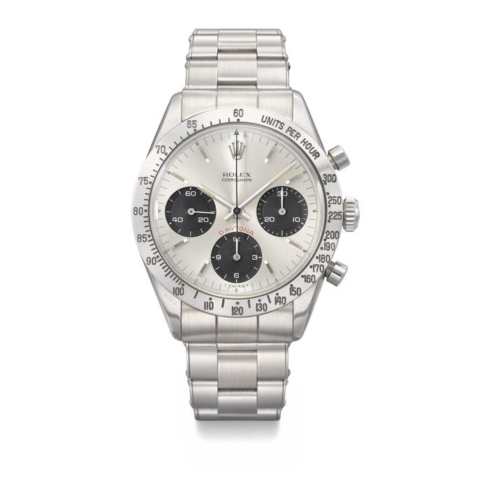 Rolex ROLEX. A RARE STAINLESS STEEL CHRONOGRAPH WRISTWATCH WITH BRACELET SIGNED ROLEX, DAYTONA 'CHERRY LOGO' MODEL, REF. 6239, CASE NO. 1'597'258, CIRCA 1967 · 6239