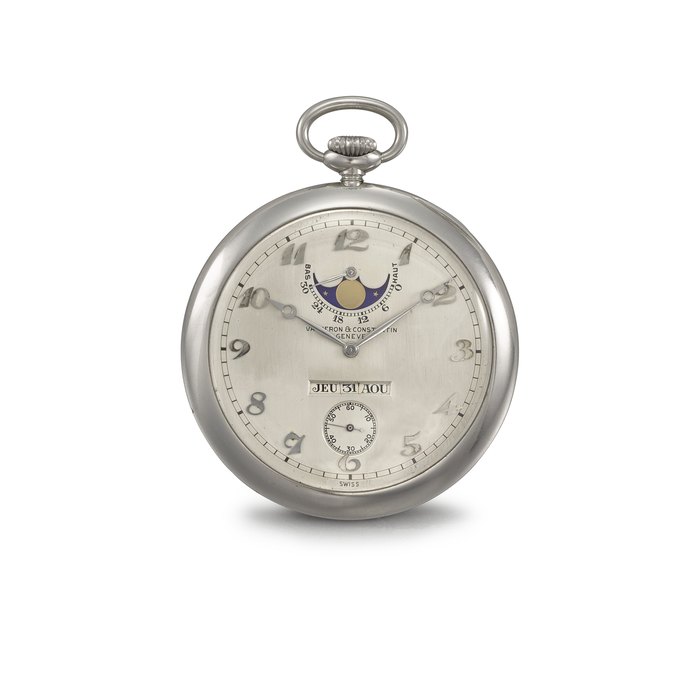 VACHERON CONSTANTIN. AN INCREDIBLY RARE PLATINUM KEYLESS LEVER WATCH WITH IN-LINE TRIPLE CALENDAR, MOON PHASES AND POWER RESERVE SIGNED VACHERON & CONSTANTIN , GENEVE, MOVEMENT NO. 414'423, CASE NO. 258'459, CIRCA 1932