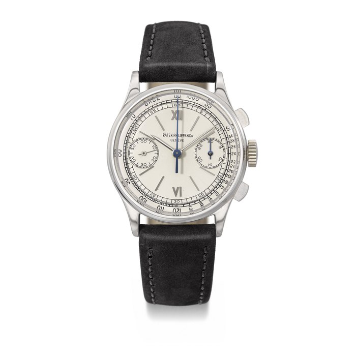 PATEK PHILIPPE. AN EXTREMELY RARE AND ELEGANT STAINLESS STEEL CHRONOGRAPH WRISTWATCH SIGNED PATEK PHILIPPE & CO, GENEVE, REF. 130, MOVEMENT NO. 863'600, CASE NO. 626'199, MANUFACTURED IN 1945