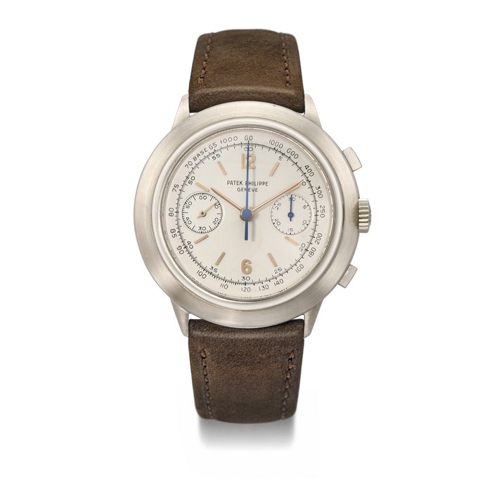 PATEK PHILIPPE. A UNIQUE AND HISTORICALLY IMPORTANT 18K WHITE GOLD CHRONOGRAPH WRISTWATCH WITH TACHYMETER AND CUSTOM-MADE CASE BY JEAN-PIERRE ECOFFEY SIGNED PATEK PHILIPPE, GENÈVE, MOVEMENT NO. 869’136, UNSIGNED CASE WITH THE MASTER MARK OF J.P. ECOFFEY, CIRCA 1963