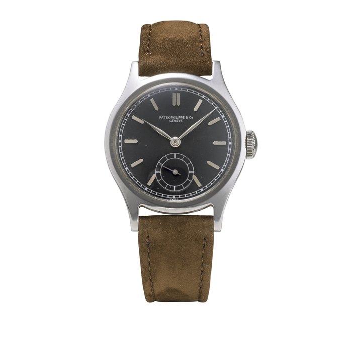 PATEK PHILIPPE. AN EXCEEDINGLY RARE AND HIGHLY ATTRACTIVE STAINLESS STEEL WRISTWATCH WITH BLACK DIAL SIGNED PATEK PHILIPPE & CO., GENEVE, REF. 565, MOVEMENT NO. 925'430, CASE NO. 634'102, MANUFACTURED IN 1944